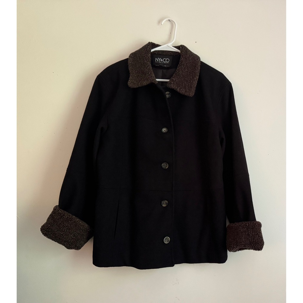 Y2K New York & Company Vintage Black Wool Blend Coat Faux Fur Trim Jacket, Med